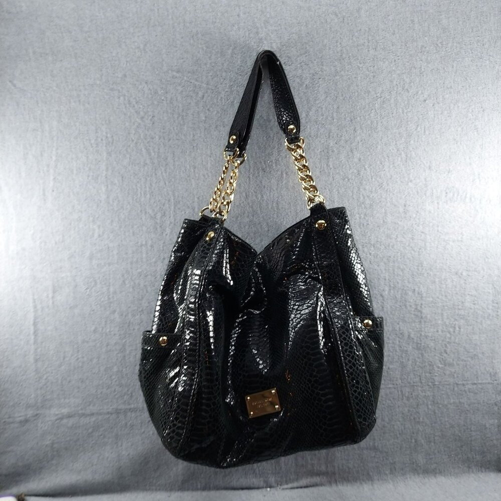 Michael Kors Black Faux Snakeskin Hobo with Gold Chain Handles